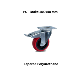 MUVALL Tapered Polyurethane Red Wheel Pressed Steel Castor PST Brake 100x48 mm