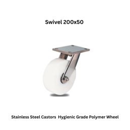 MUVALL Stainless Steel Castors Hygienic Grade Polymer Wheel Swivel 200x50