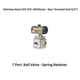Quickair-3Pc-3Way T Port Ball Valve With Pneumatic Single Acting Actuator Spring Retainer -Stainless Steel 304 CF8 - 800 Class- Bsp / Screwed End - Regular Bore - 1/2"