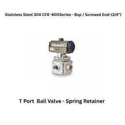 Quickair-3Pc-3Way T Port Ball Valve With Pneumatic Single Acting Actuator Spring Retainer -Stainless Steel 304 CF8 - 800 Class- Bsp / Screwed End - Regular Bore - 3/4"