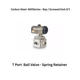 Quickair-3Pc-3Way T Port Ball Valve With Pneumatic Single Acting Actuator Spring Retainer -Carbon Steel - 800 Class- Bsp / Screwed End - Regular Bore - 1"