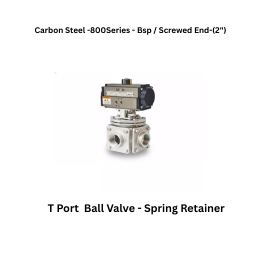 Quickair-3Pc-3Way T Port Ball Valve With Pneumatic Single Acting Actuator Spring Retainer -Carbon Steel - 800 Class- Bsp / Screwed End - Regular Bore - 2"