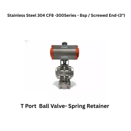 Quickair-3Pc-3Way T Port Ball Valve With Pneumatic Single Acting Actuator Spring Retainer -Stainless Steel 304 CF8 -300 Class- Bsp / Screwed End - Regular Bore - 3"
