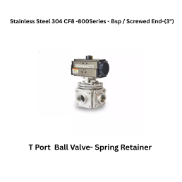 Quickair-3Pc-3Way T Port Ball Valve With Pneumatic Single Acting Actuator Spring Retainer -Stainless Steel 304 CF8 - 800 Class- Bsp / Screwed End - Regular Bore - 3"