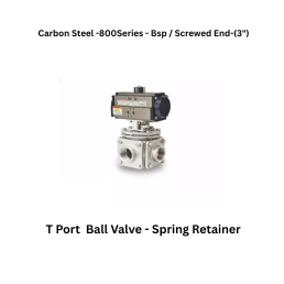 Quickair-3Pc-3Way T Port Ball Valve With Pneumatic Single Acting Actuator Spring Retainer -Carbon Steel - 800 Class- Bsp / Screwed End - Regular Bore - 3"