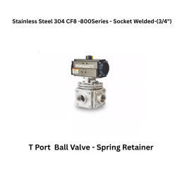 Quickair-3Pc-3Way T Port Ball Valve With Pneumatic Single Acting Actuator Spring Retainer -Stainless Steel 304 CF8 - 800 Class- Socket Welded - Regular Bore - 3/4"