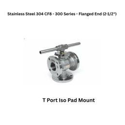 Quickair -3Pc-3Way T Port Iso Pad Mounting Liver Operated Ball Valve - Stainless Steel 304 CF8 - 150 Class - Flanged End - Regular Bore - 2-1/2"