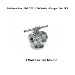Quickair -3Pc-3Way T Port Iso Pad Mounting Liver Operated Ball Valve - Stainless Steel 304 CF8 - 150 Class - Flanged End - Regular Bore - 4"