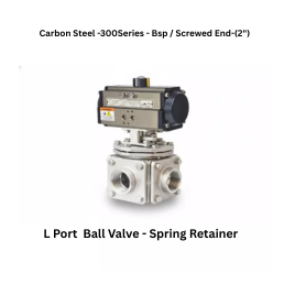 Quickair-3Pc-3Way L Port Ball Valve With Pneumatic Single Acting Actuator Spring Retainer -Corbon Steel -300 Class- Bsp / Screwed End - Regular Bore - 2"