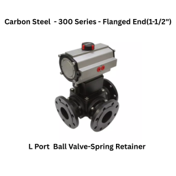 Quickair -3Pc-3Way L Port Ball Valve With Pneumatic Single Acting Actuator With Spring Retainer - Carbon Steel - 150 Class- Flanged End - Regular Bore - 1-1/2"