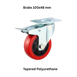 MUVALL Tapered Polyurethane Red Wheel Pressed Steel Castor PSTIL Brake 100x48 mm