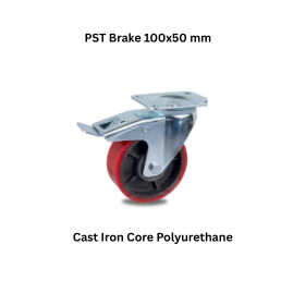 MUVALL Cast Iron Core Polyurethane Wheel Pressed Steel Castor PST Brake 100x50 mm