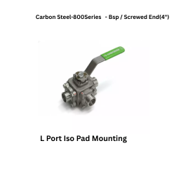 Quickair-3Pc-3Way L Port Iso Pad Mounting Ball Valve With Lever Operated-Carbon Steel-800 Class- Bsp / Screwed End - Regular Bore - 4"
