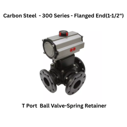 Quickair -3Pc-3Way T Port Ball Valve With Pneumatic Single Acting Actuator With Spring Retainer - Carbon Steel - 150 Class- Flanged End - Regular Bore - 1-1/2"