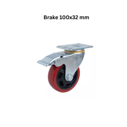 MUVALL Polyurethane Red Wheel Pressed Steel Castor PSTS Brake 100x32 mm