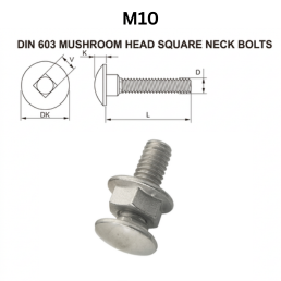 Precise DIN 603 Mushroom Head Square Neck Bolts - M10 - Carbon Steel