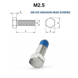 Precise DIN 933 Hexagon Head Screws - M2.5 - Stainless Steel