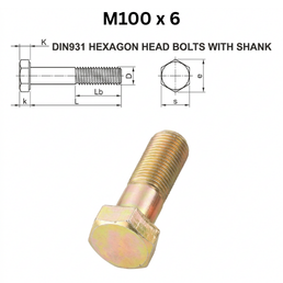 Precise DIN931 Hexagon Head Bolts with Shank - M100 x 6 - Brass