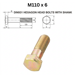 Precise DIN931 Hexagon Head Bolts with Shank - M110 x 6 - Brass