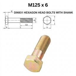 Precise DIN931 Hexagon Head Bolts with Shank - M125 x 6 - Brass