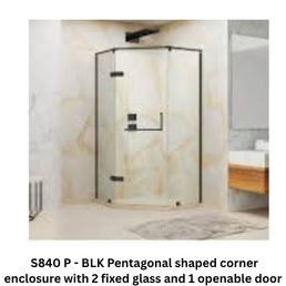 Jaguar S840 P - BLK Pentagonal shaped corner enclosure with 2 fixed glass and 1 openable door - 1500 mm x 1500 mm