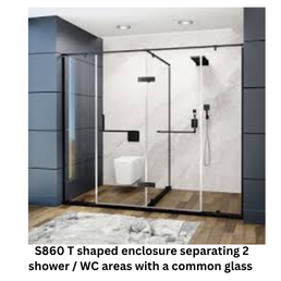 Jaguar S860 T shaped enclosure separating 2 shower / WC areas with a common glass - :4201 - 4600 mm