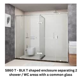 Jaguar S860 T - BLK T shaped enclosure separating 2 shower / WC areas with a common glass 3401 - 3800 mm