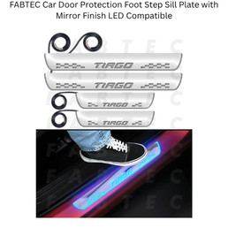 FABTEC Car Door Protection Foot Step Sill Plate with Mirror Finish LED Compatible with Tata Tiago (Set of 4pc, Blue)(6 Month Warranty)