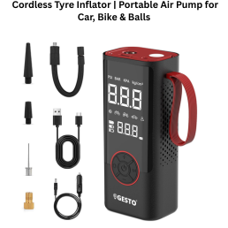 Gesto 150 PSI Cordless Tyre Inflator | Portable Air Pump for Car, Bike & Balls | 6000mAh Battery, Dual Mode (Battery + 12V Car Port)