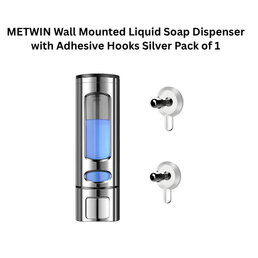 METWIN Wall Mounted Liquid Soap Dispenser with Adhesive Hooks Silver Pack of 1