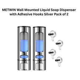 METWIN Wall Mounted Liquid Soap Dispenser with Adhesive Hooks Silver Pack of 2