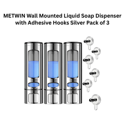 METWIN Wall Mounted Liquid Soap Dispenser with Adhesive Hooks Silver Pack of 3