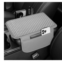 Lyrovo PU Leather Car Armrest Cushion Pad With Side Pockets, Universal Fit for All Car - (Brown)