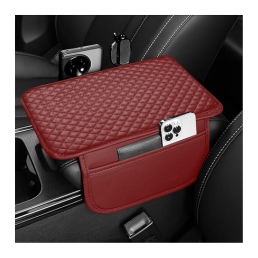 Lyrovo PU Leather Car Armrest Cushion Pad With Side Pockets, Universal Fit for All Car - (Maroon )