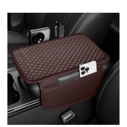 Lyrovo PU Leather Car Armrest Cushion Pad With Side Pockets, Universal Fit for All Car - (Mocha )