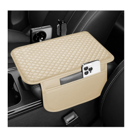 Lyrovo PU Leather Car Armrest Cushion Pad With Side Pockets, Universal Fit for All Car - (Beige)