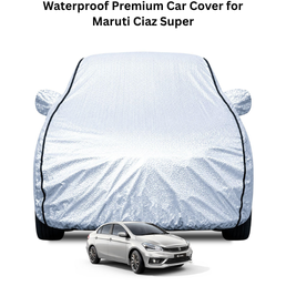 FABTEC Waterproof Car Body Cover for Maruti Ciaz with Mirror Pocket, Soft Cotton Lining, Triple Stitched (Heat Resistant Metallic Silver with Black Piping)