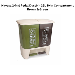 Nayasa 2-in-1 Pedal Dustbin 25L Twin Compartment Brown & Green