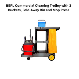 BEPL Commercial Cleaning Trolley with 3 Buckets, Fold-Away Bin and Mop Press