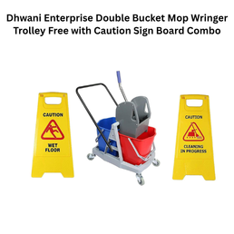 Dhwani Enterprise Double Bucket Mop Wringer Trolley Free with Caution Sign Board Combo