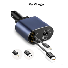 120W Fast Car Charger (2025 New Version) with 80CM Retractable Type-C & 30-pin Port Cables – Simultaneous Charging for 4 Devices
