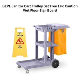 BEPL Janitor Cart Trolley Set Free 1 Pc Caution Wet Floor Sign Board